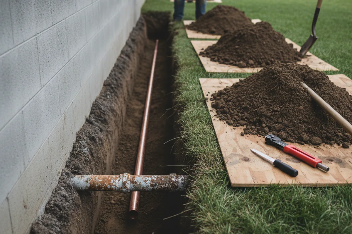 Excavated water line trench during Water Heater Repair in Dearing